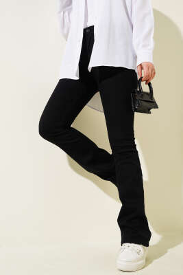 Pazarium - İspanyol Bol Paça Pantolon Siyah