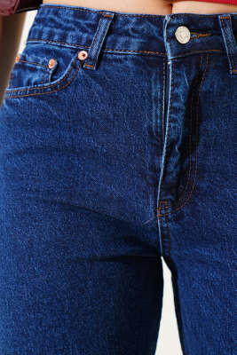 Dar Kesik Paça Mom Kot Pantolon Mavi - Thumbnail