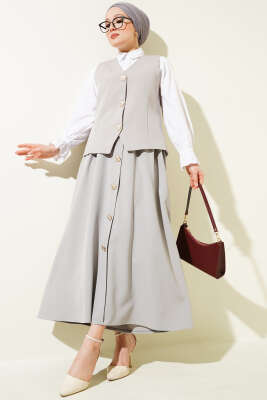 Pazarium - Yelekli Düğme Detaylı Etekli Takım Gri
