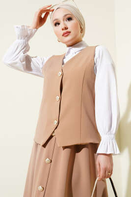 Yelekli Düğme Detaylı Etekli Takım Camel - Thumbnail