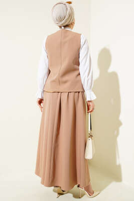 Yelekli Düğme Detaylı Etekli Takım Camel - Thumbnail