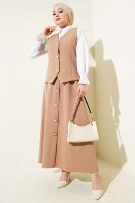 Yelekli Düğme Detaylı Etekli Takım Camel - Thumbnail