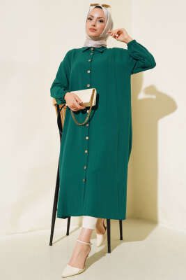 Pazarium - Tahta Düğmeli Ağaç Kabuğu Uzun Gömlek Zümrüt
