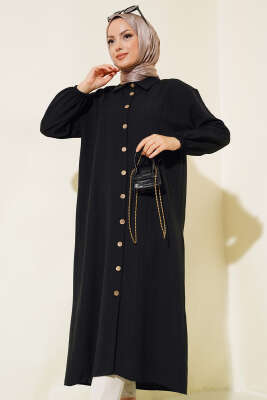 Pazarium - Tahta Düğmeli Ağaç Kabuğu Uzun Gömlek Siyah
