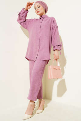 Pazarium - Düğmeli Keten İkili Takım Gül Kurusu