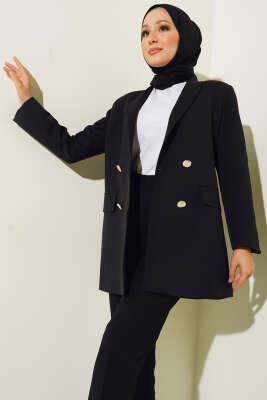 Pazarium - Garnili Kruvaze Siyah Ceket