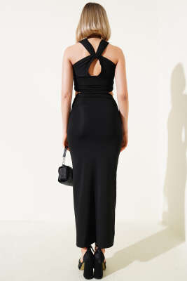 Boydan Bağlamalı Dekolteli Elbise Siyah - Thumbnail