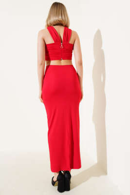 Boydan Bağlamalı Dekolteli Elbise Kırmızı - Thumbnail