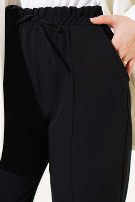 Bel Lastikli Çımalı Bol Paça Pantolon Siyah - Thumbnail