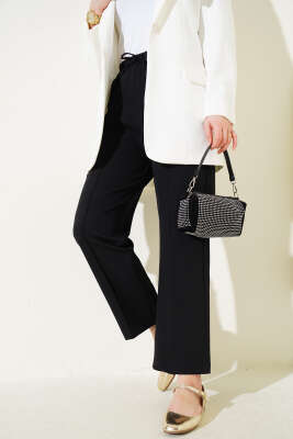 Bel Lastikli Çımalı Bol Paça Pantolon Siyah - Thumbnail