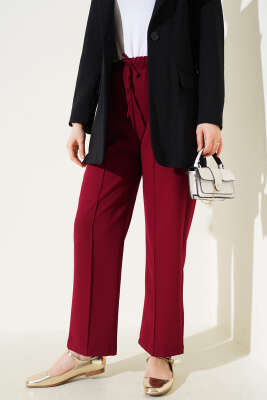 Pazarium - Bel Lastikli Çımalı Bol Paça Pantolon Bordo