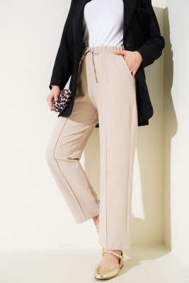 Pazarium - Bel Lastikli Çımalı Bol Paça Pantolon Bej