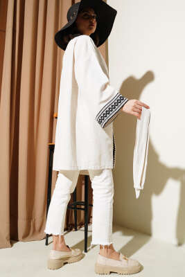 Nakış Detaylı Kuşaklı Kimono Taş - Thumbnail