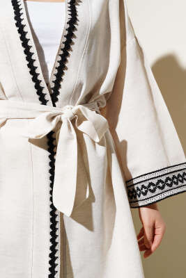 Nakış Detaylı Kuşaklı Kimono Taş - Thumbnail