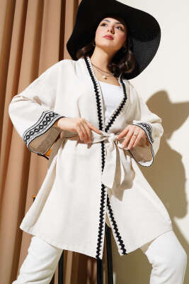 Nakış Detaylı Kuşaklı Kimono Taş - Thumbnail