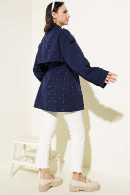 Omuz Apoletli Kuşaklı Taş Detaylı Ceket Lacivert - Thumbnail