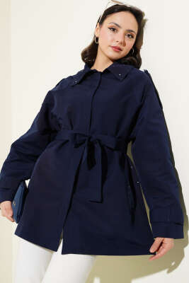 Omuz Apoletli Kuşaklı Taş Detaylı Ceket Lacivert - Thumbnail