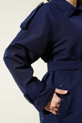 Omuz Apoletli Kuşaklı Taş Detaylı Ceket Lacivert - Thumbnail