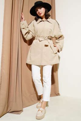 Omuz Apoletli Kuşaklı Taş Detaylı Ceket Bej - Thumbnail