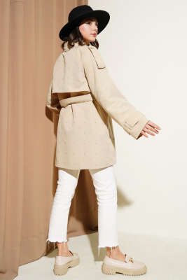 Omuz Apoletli Kuşaklı Taş Detaylı Ceket Bej - Thumbnail