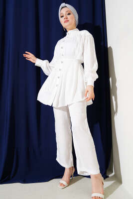 Pazarium - Taş Düğmeli Desenli Jakar İkili Takım Ekru