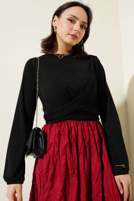 Çapraz Büzgülü Sandy Bluz Siyah - Thumbnail