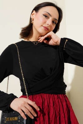 Çapraz Büzgülü Sandy Bluz Siyah - Thumbnail