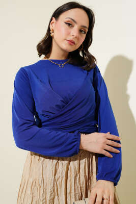 Pazarium - Çapraz Büzgülü Sandy Bluz Saks