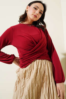 Çapraz Büzgülü Sandy Bluz Bordo - Thumbnail
