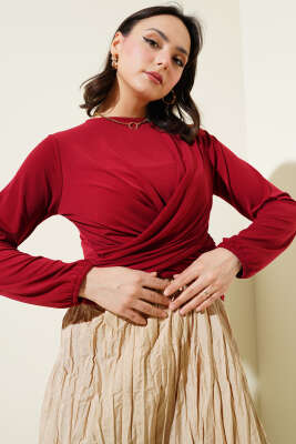 Çapraz Büzgülü Sandy Bluz Bordo - Thumbnail