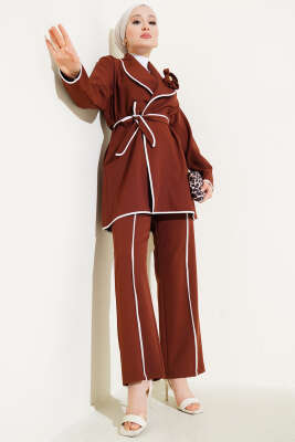 Çiçek Aksesuarlı Biyeli İkili Takım Kahve - Thumbnail