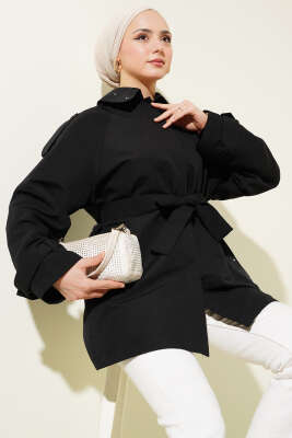 Omuz Apoletli Kuşaklı Taş Detaylı Ceket Siyah - Thumbnail