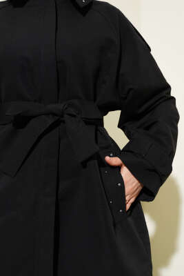 Omuz Apoletli Kuşaklı Taş Detaylı Ceket Siyah - Thumbnail