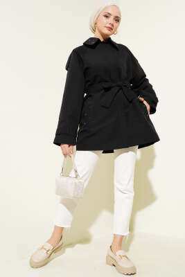 Omuz Apoletli Kuşaklı Taş Detaylı Ceket Siyah - Thumbnail