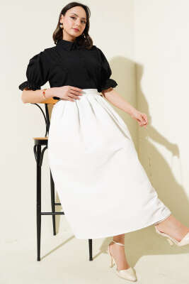 Yaka ve Kol Dantelli Kısa Gömlek Siyah - Thumbnail