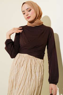 Çapraz Büzgülü Sandy Bluz Kahve - Thumbnail