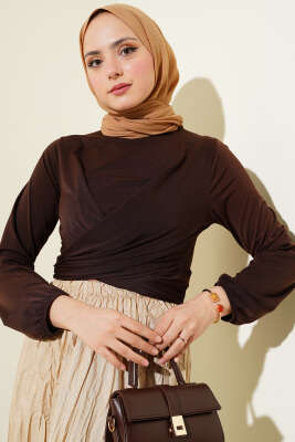 Çapraz Büzgülü Sandy Bluz Kahve - Thumbnail