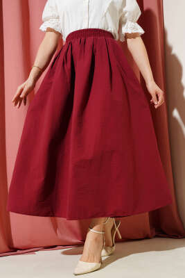 Pazarium - Beli Lastikli Cepli Kloş Etek Bordo