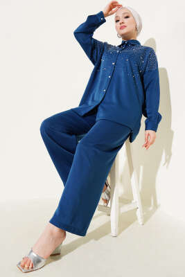 Pazarium - Omuz Taş Süslemeli Tunik İkili Takım İndigo