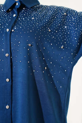 Omuz Taş Süslemeli Tunik İkili Takım İndigo - Thumbnail