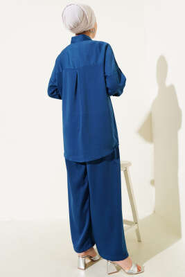 Omuz Taş Süslemeli Tunik İkili Takım İndigo - Thumbnail