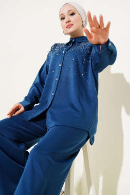 Omuz Taş Süslemeli Tunik İkili Takım İndigo - Thumbnail