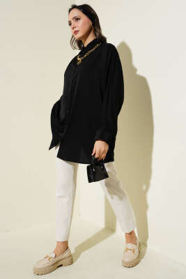 Kolyeli Yarasa Kol Salaş Gömlek Siyah - Thumbnail