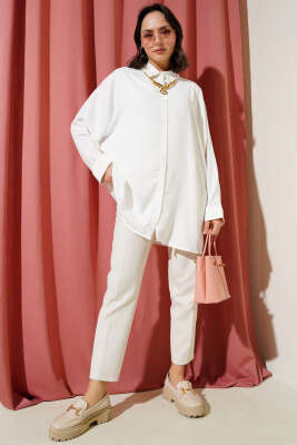 Kolyeli Yarasa Kol Salaş Gömlek Beyaz - Thumbnail