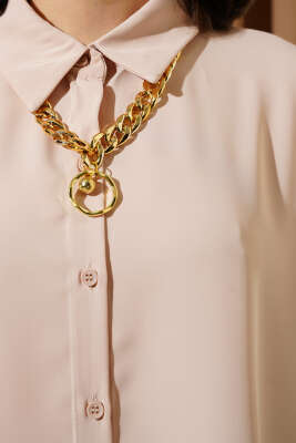 Kolyeli Yarasa Kol Salaş Gömlek Bej - Thumbnail