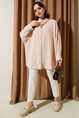 Kolyeli Yarasa Kol Salaş Gömlek Bej - Thumbnail