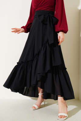 Kendinden Kuşaklı Çingene Etek Siyah - Thumbnail