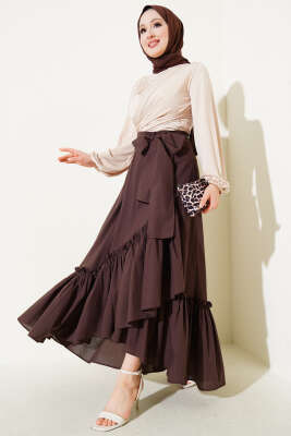 Kendinden Kuşaklı Çingene Etek Kahve - Thumbnail