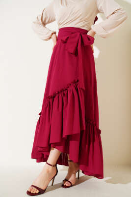 Kendinden Kuşaklı Çingene Etek Burgonya - Thumbnail