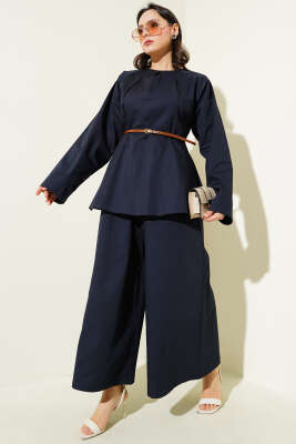 Pazarium - Yakası Pensli Kemerli Poplin İkili Takım Lacivert